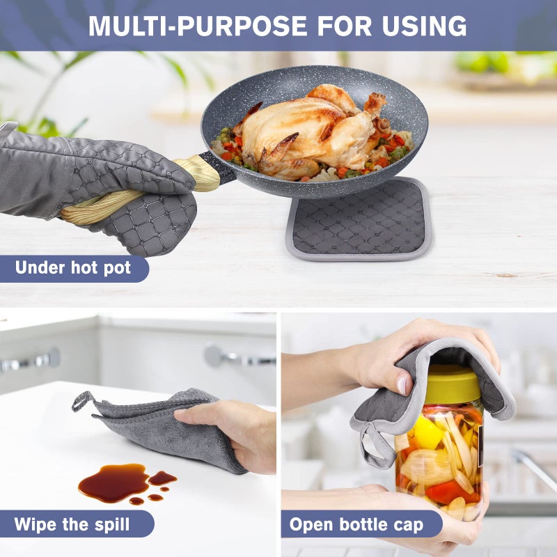 Wsedor 6 Pcs Oven Mitts and Pot Holders, 500â„‰ Heat Resistant Oven Mitts with Kitchen Towels Soft Cotton Lining and Non-Slip Silicone Surface Safe for Baking, Cooking, BBQ (Grey) - Image 5